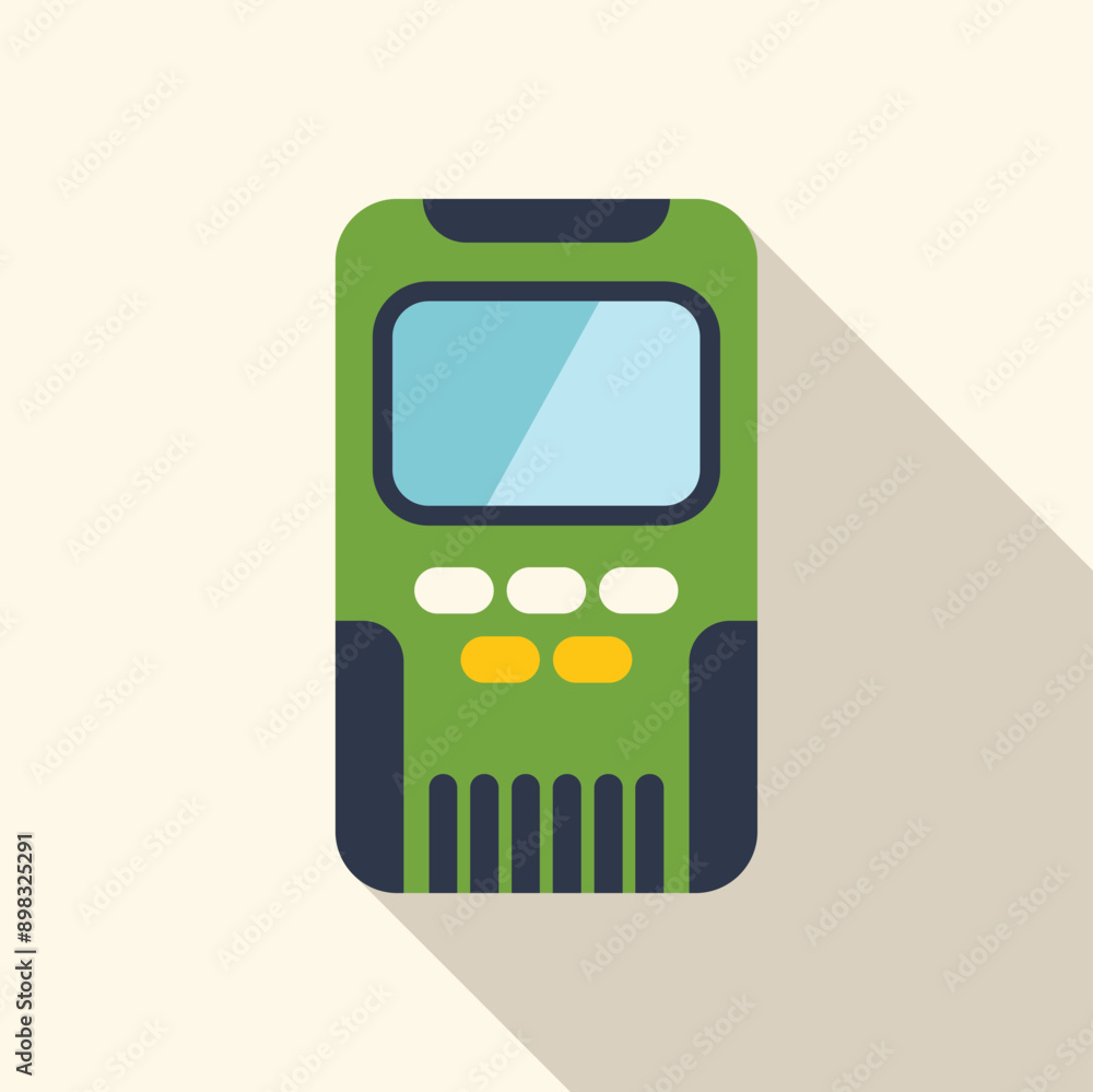 Poster green and blue handheld electronic device with buttons and screen displaying blank background with l