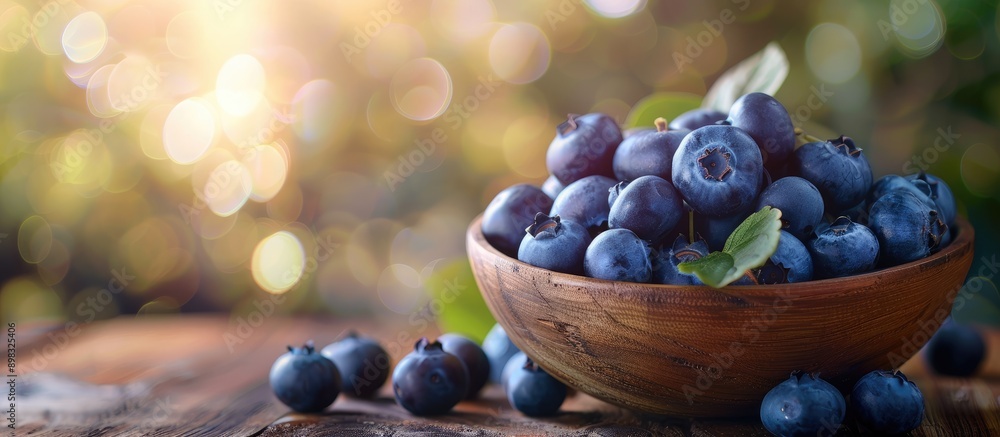 Poster Blueberries in a wooden bowl on a table with a blurred background perfect for a copy space image