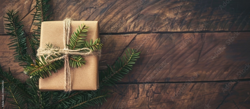 Leinwandbilder a christmas gift box sits beside a pine branch on a wooden table in a top down view leaving room for