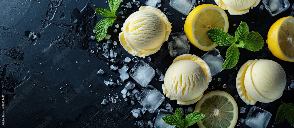 Poster Delicious cold dessert featuring ice cream scoops lemon slices and ice cubes on a black background Ample copy space for customization