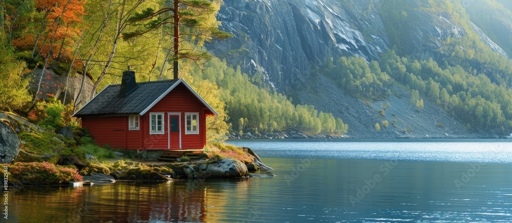 Poster a charming little red cabin by the tranquil waters with copy space image
