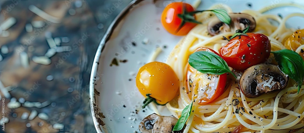 Poster A dish of spaghetti garnished with three tomatoes and mushrooms creating a visually appealing meal with copy space image