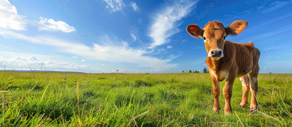 Poster calf in a green field with a vast blue sky as the background in a copy space image