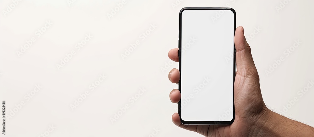 Leinwandbilder an asian man s left hand holding a black smartphone with an empty white screen isolated on a white b
