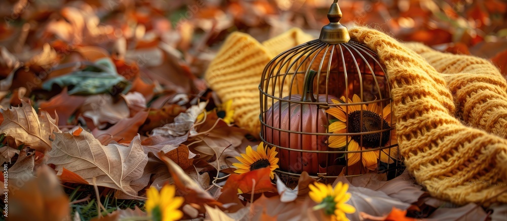 Sticker a bronze cage sits on fallen maple leaves with sunflowers inside alongside an orange pumpkin and a y