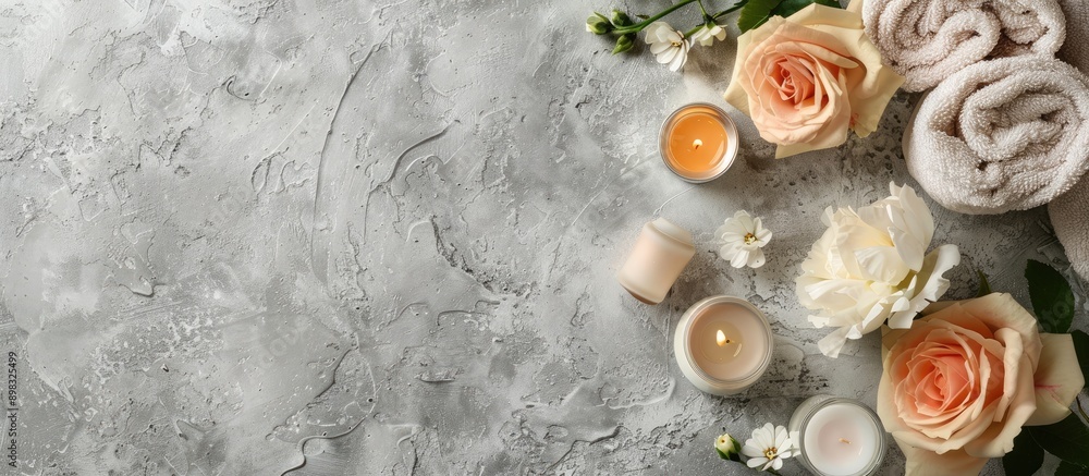 Poster a flat lay arrangement with spa items roses and a lit candle on a textured grey surface featuring a 