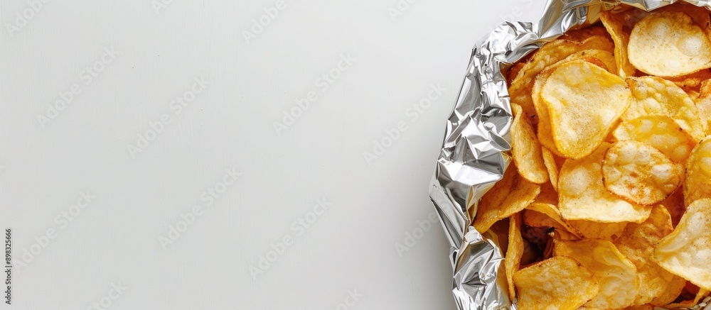 Aufkleber close up of chips in foil packaging on a white background featuring a spacious area for text or imag