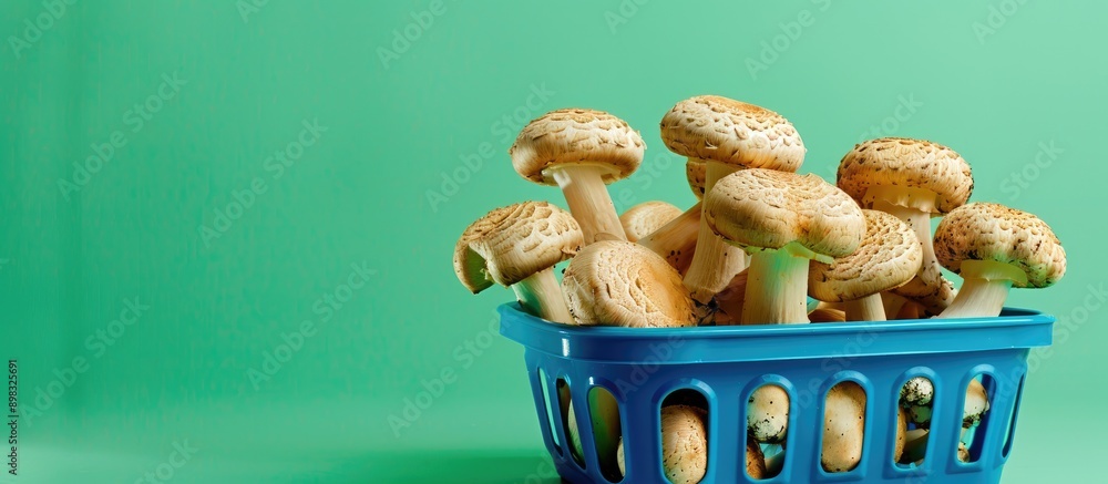 Poster blue shopping basket with mushrooms on a green background emphasizing the shopping concept with a co