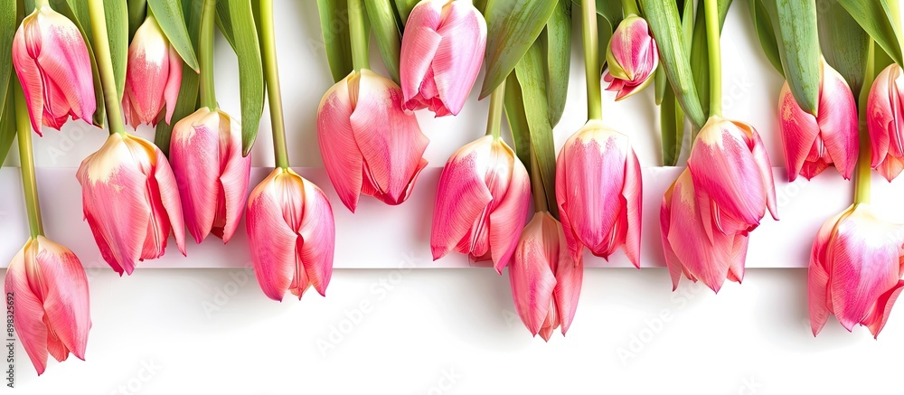 Aufkleber close up image of pink tulips with a white banner isolated on a white background providing copy spac