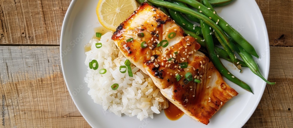 Poster asian inspired dish featuring a fish fillet accompanied by rice soy sauce and green beans elegantly 