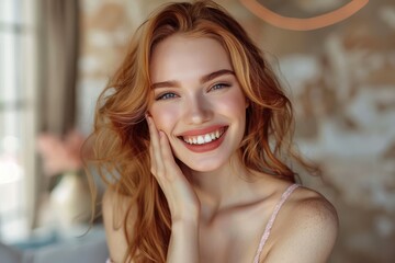 Fototapeta premium Radiant Woman with a Confident Grin, Relaxed and Self-Assured, Exuding Positivity and Joy, Happy Woman Smiling, Beautiful Redhead with Bright Eyes, Natural Beauty, Authentic Expression, Genuine