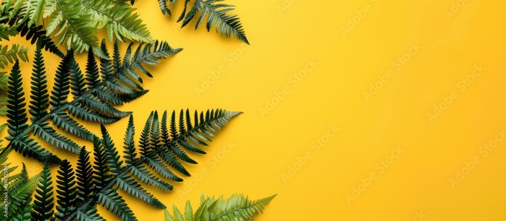 Aufkleber autumn fern leaves on yellow backdrop with copy space image viewed from above in a minimalistic hori