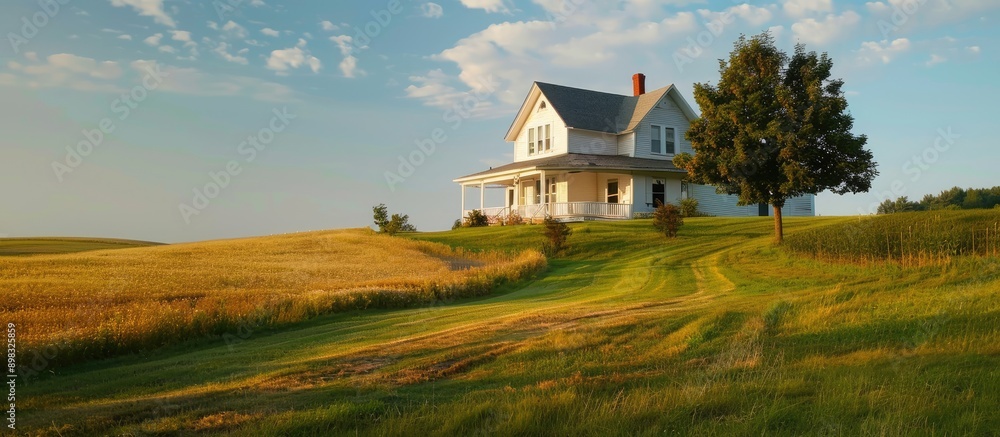 Poster Country farmhouse bordering fields with a beautiful view perfect to use as a copy space image