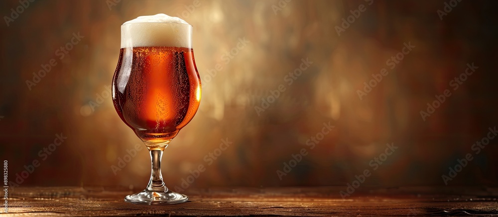 Poster Amber beer in a glass with foam on a dark brown background featuring ample copy space image Selective focus enhances the scene