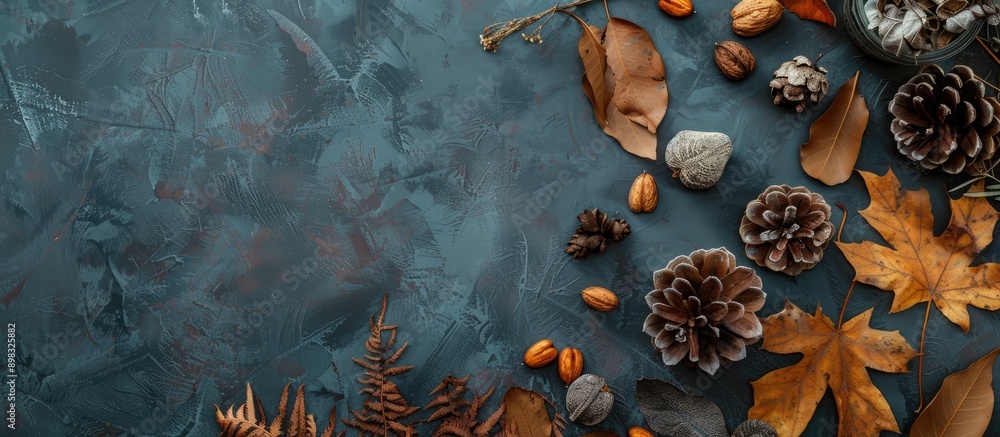 Aufkleber autumn themed arrangement with dried leaves and various decor elements on a table presented in a top