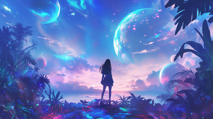 Fototapeta premium A woman silhouetted against a neon galactic sky on a tropical planet, observing multiple planets.