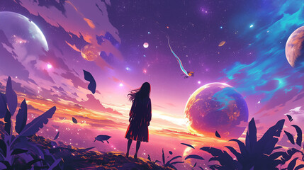 Fototapeta premium Silhouette of a woman on a tropical world, gazing at a neon-colored sky filled with different planets.
