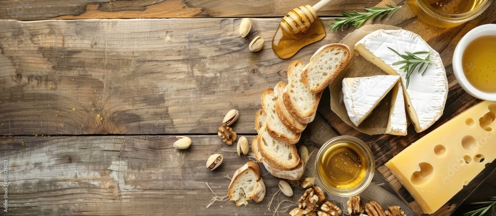 Aufkleber a cheese platter with brie slices nuts honey and baguette toast on a wooden board with a copy space 