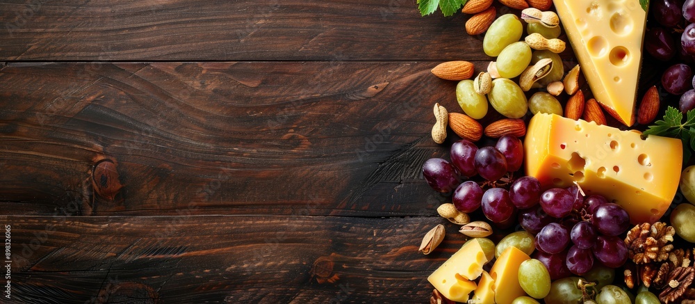Poster Cheese arrangement with nuts and grapes shot from above with ample free copy space for text or design elements in the image