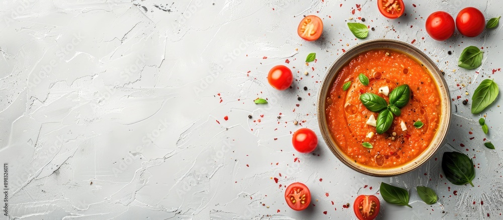 Poster Cold gazpacho soup in a bowl on a light stone background with ample copy space image promoting a healthy food concept