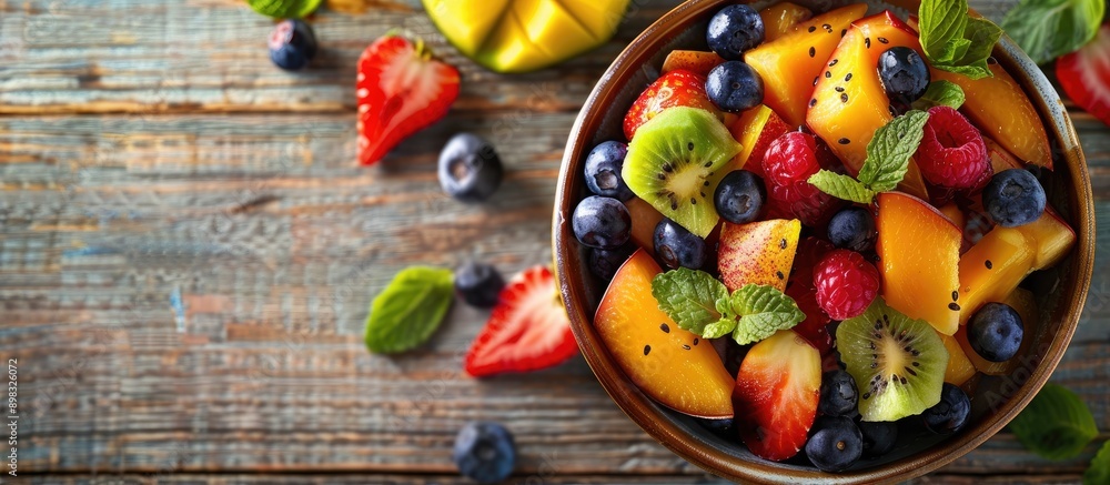 Poster close up of a delicious fruit salad in a bowl on a wooden table with copy space image