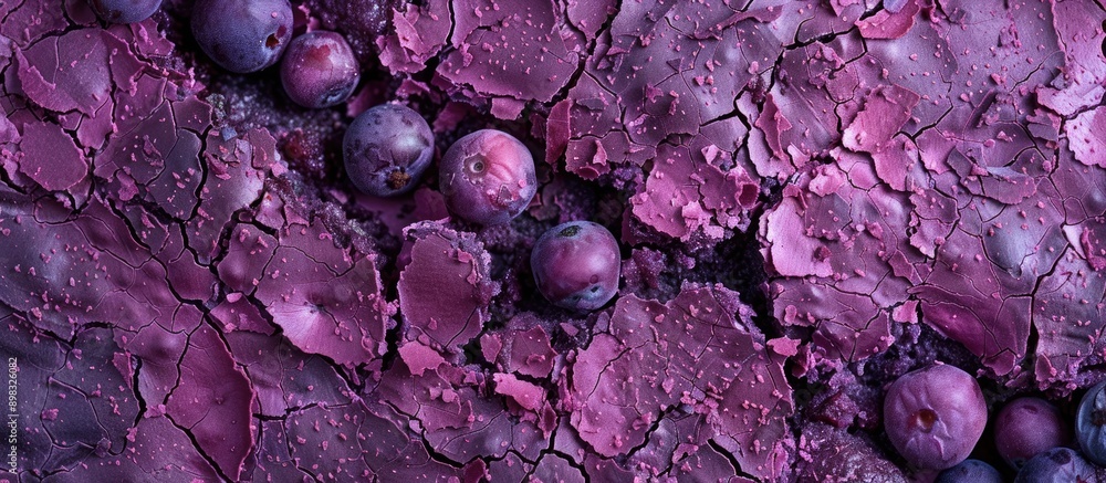 Poster detailed macro shot of a cracked fruit cobbler crust with vibrant purple spring berries perfect as a
