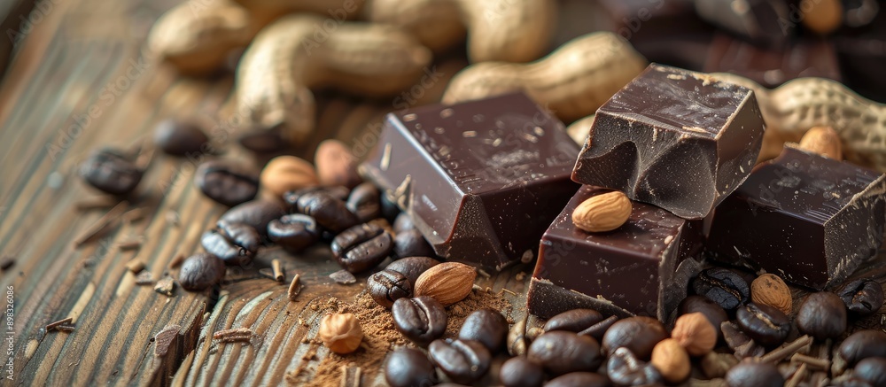 Aufkleber close up shot of dark chocolate cubes coffee beans peanuts and raisins on a wooden table with select