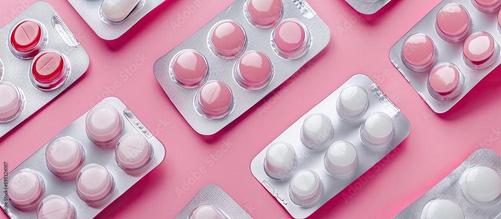Aufkleber Close up top view of various medications such as tablets and pills in a blister pack displayed on a pink background with copy space for an image