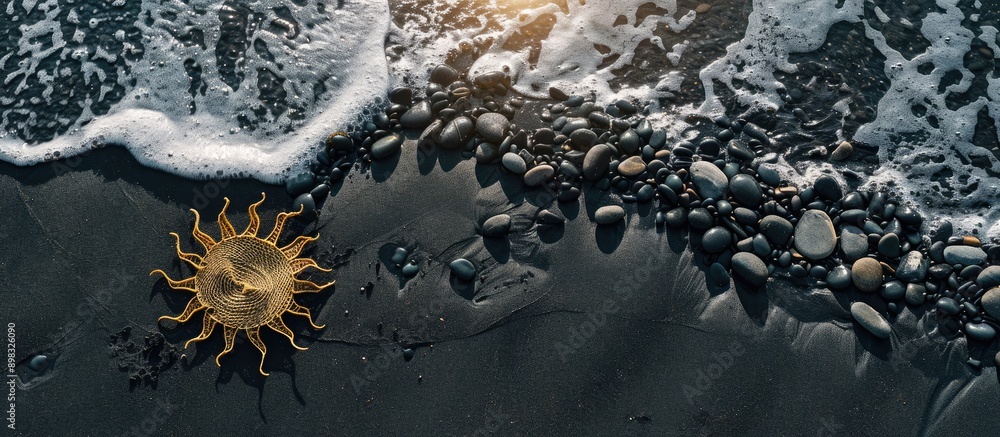 Aufkleber a view from above featuring black sandy beach with a sun shaped arrangement of pebbles creating a sc