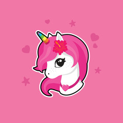 Cute cartoon character magic unicorn with rainbow horn, pink hair, flower. Vector illustration isolated on a pink background. For prints, design, posters, stickers, cards, decoration, kids clothes