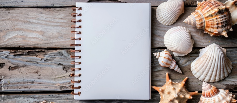 Fototapete A blank notebook on a wooden table showcases creativity products with seashells on a white background set against a stone backdrop in a top view copy space image