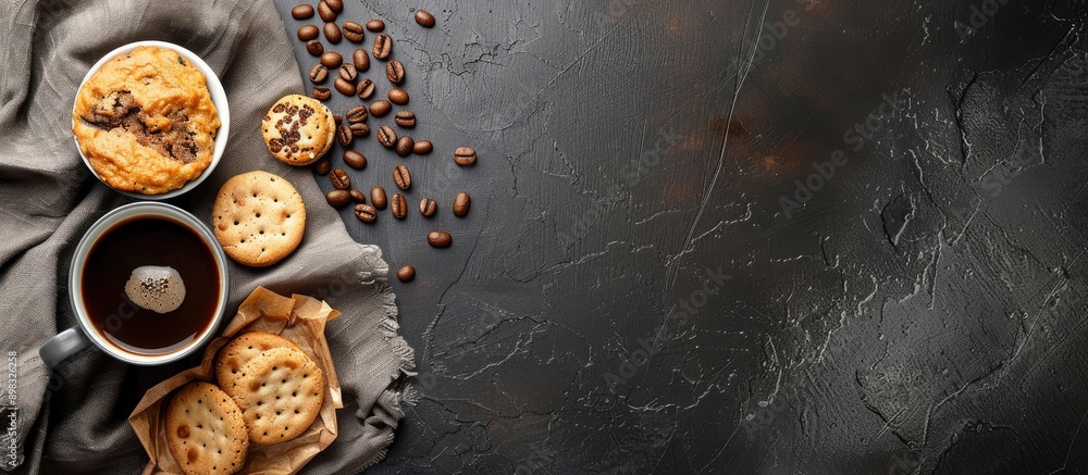 Poster coffee served with a snack on a table displaying a copy space image