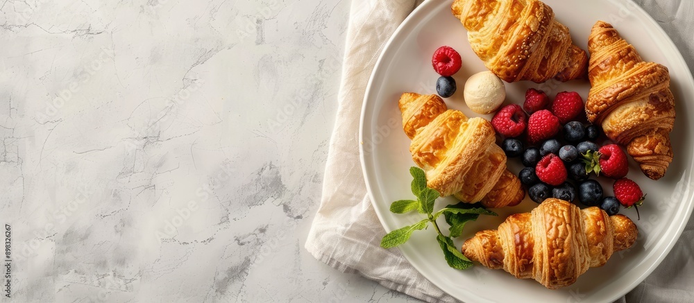 Poster top view of a breakfast spread featuring croissants and fresh fruits with copy space image