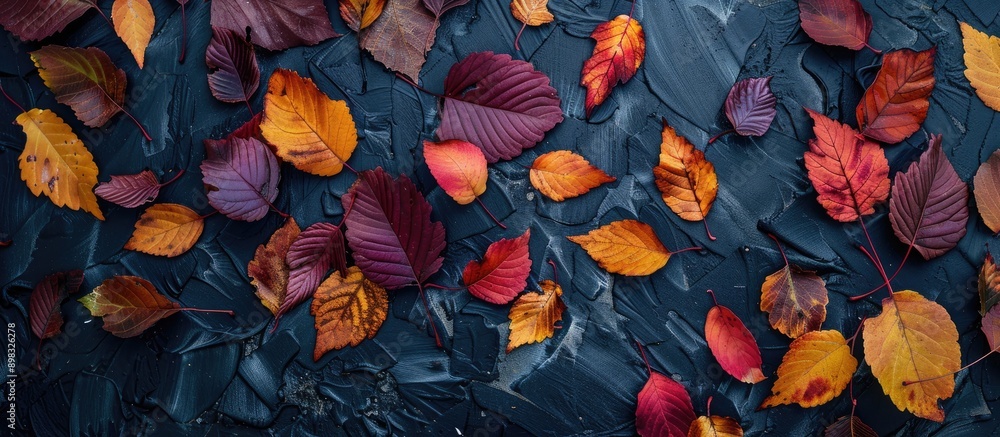 Poster autumn leaves elegantly contrast a dark backdrop creating an engaging copy space image