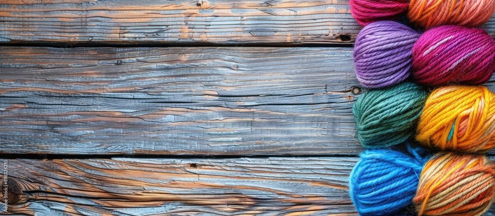 Poster bright wooden background with copy space image featuring multicolored decorative yarns