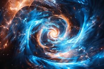 A swirling vortex of light and particles representing quantum mechanics.