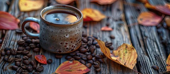 Autumn vibes captured in a warm mug of coffee surrounded by coffee beans and fallen leaves on a rustic wooden surface providing room for a copy space image