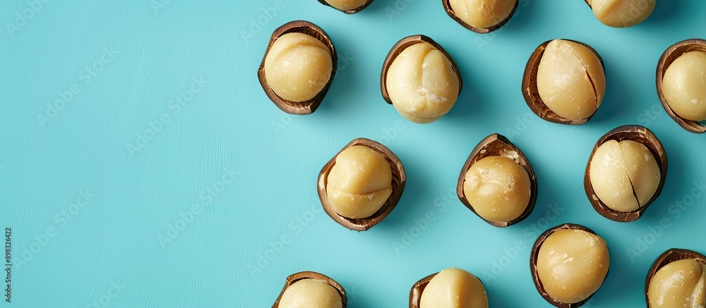 Aufkleber A blue background sets the stage for a display of macadamia nuts in a copy space image