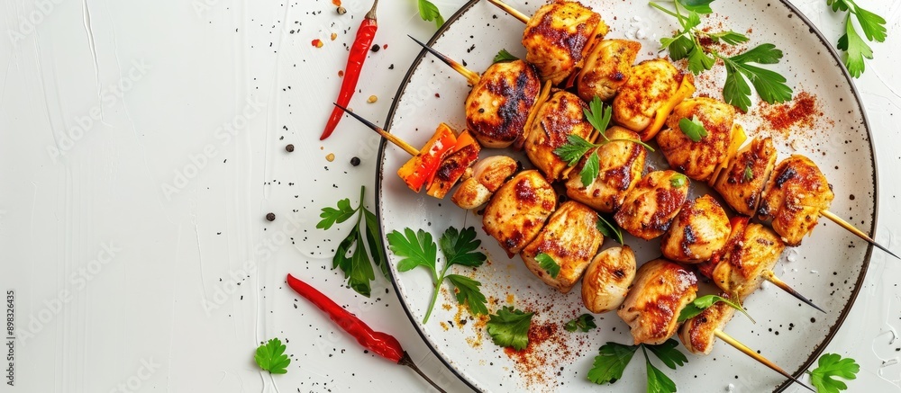 Aufkleber top view of a chicken shish kebab presented on a ceramic plate with spices cilantro herbs and vegeta