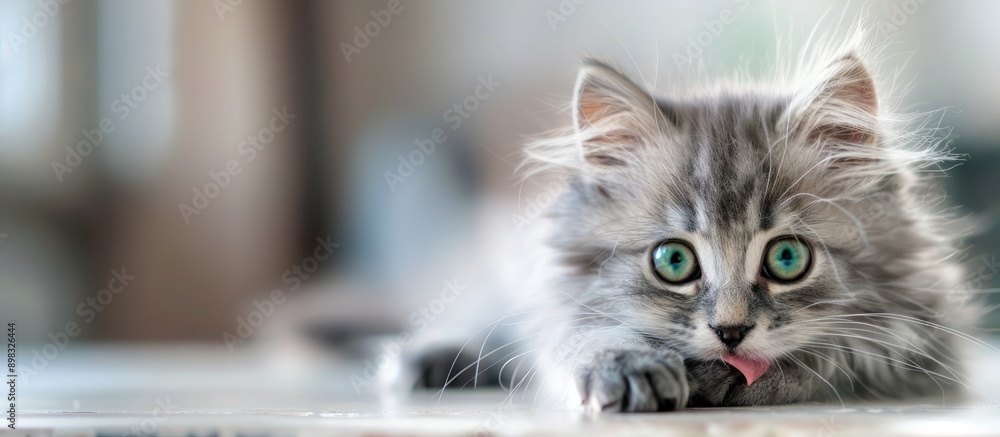 Poster Adorable fluffy gray longhair kitten with stunning green eyes resting on a white table licking its lips with a charming expression with ample copy space image available