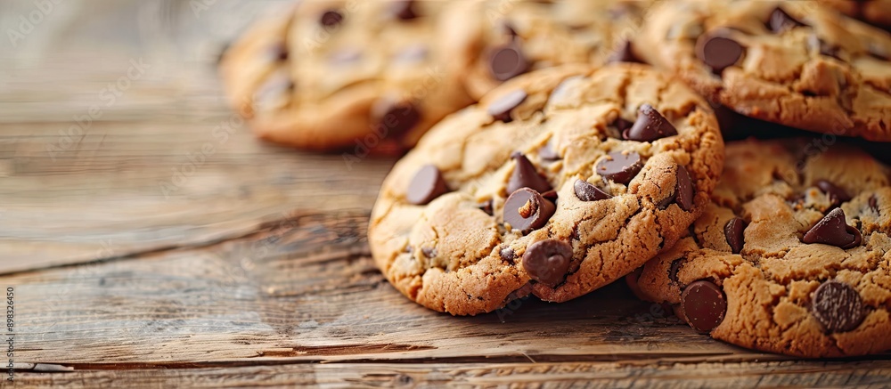 Leinwandbilder close up of delicious chocolate chip cookies on a wooden surface with a background suitable for addi