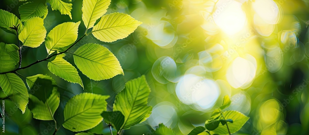 Poster captivating close up of lush green leaves against a blurred tree backdrop bathed in sunlight in a pu