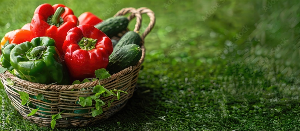 Poster Bell pepper and cucumber displayed in a weaved basket on green grass background in the copy space image