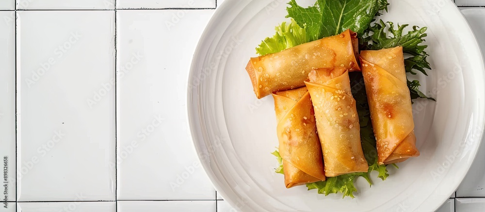 Aufkleber Delicious fried spring rolls arranged on a white tiled table in a top down view for text placement in the image. Creative banner. Copyspace image