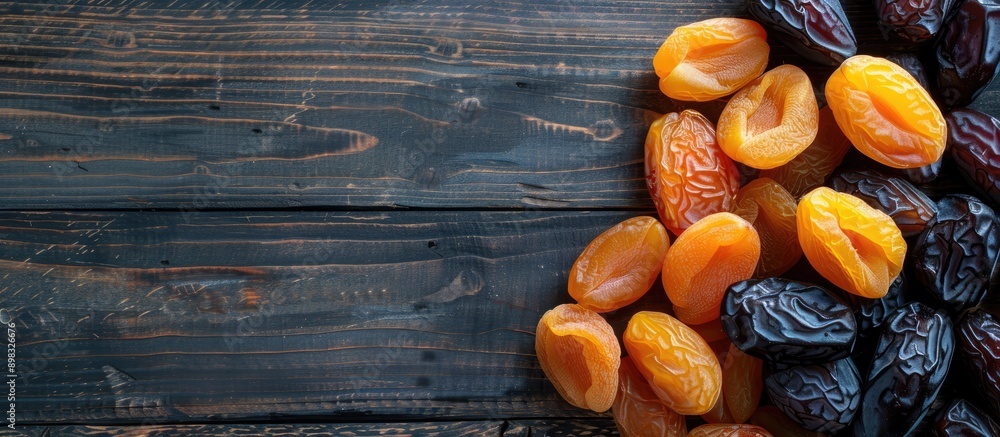 Poster Top view of date fruits and dried apricots arranged on a rustic wooden table with copy space image
