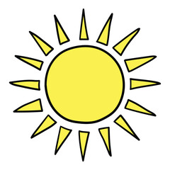 Hand drawn cartoon sun on a white background.