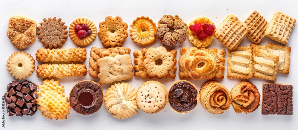Poster Assortment of biscuits for dessert snacking or breakfast isolated on a white background providing copy space image