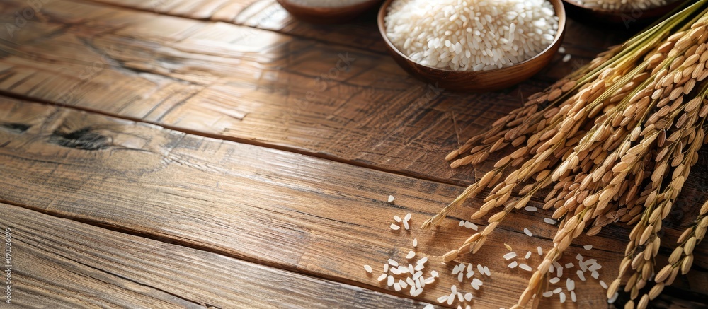 Poster close up shot of rice arranged on wooden floor panels with copy space image