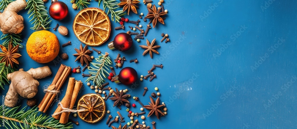 Poster view from above of christmas spices on a blue background with copy space image available