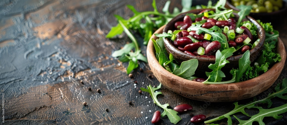 Aufkleber An appetizing meal of arugula salad with red beans and green lettuce leaves served as a snack on a rustic table with a scenic copy space image in the background